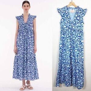 BANJANAN Size Small Womens Constance Midi Dress in Blue Ikat Bosphorus Print